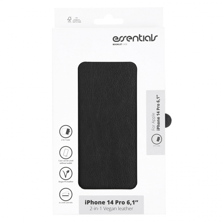 Essentials iPhone 14 Pro PU wallet, detach, 3 card,Black