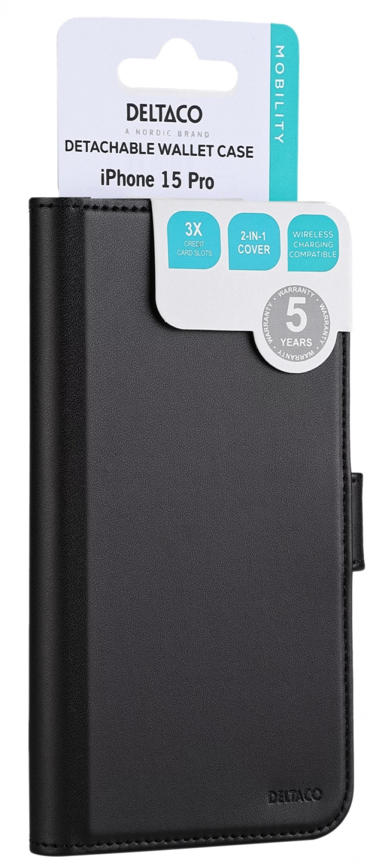 DELTACO Wallet case, 2-in-1, iPhone 15 Pro, magnetic cover, black DELTACO Wallet case, 2-in-1, iPhone 15 Pro, magnetic cover, black