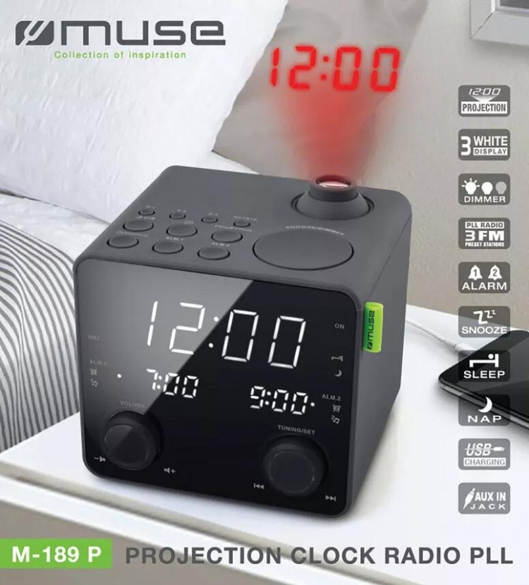 MUSE M-189 P Clock Radio FM projection USB-charge