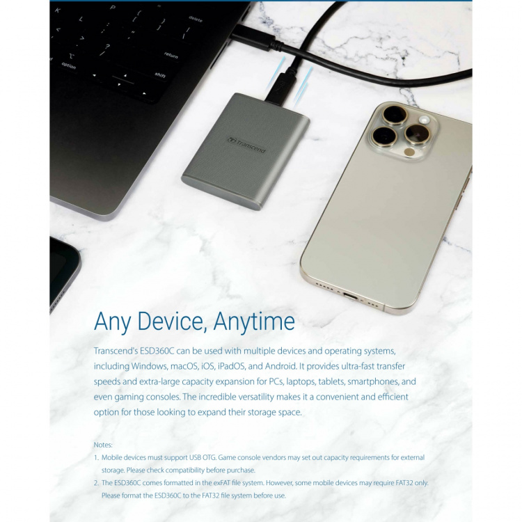 Transcend Portabel SSD ESD360C USB-C 1TB 20Gbps (R2000/W2000 Mb/s) Transcend Portabel SSD ESD360C USB-C 1TB 20Gbps (R2000/W2000 Mb/s)