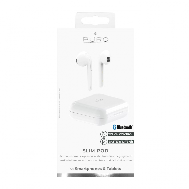 Puro Bluetooth Slim Pod hörlurar med laddstation, Vit Puro Bluetooth Slim Pod hörlurar med laddstation, Vit