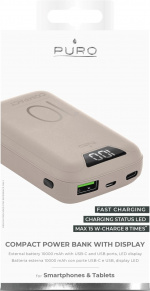 Puro Power Bank 10 000mAh Display USB-A+USB-C 15W, Rosa