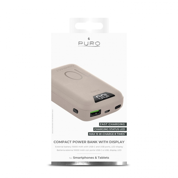 Puro Power Bank 10 000mAh Display USB-A+USB-C 15W, Rosa
