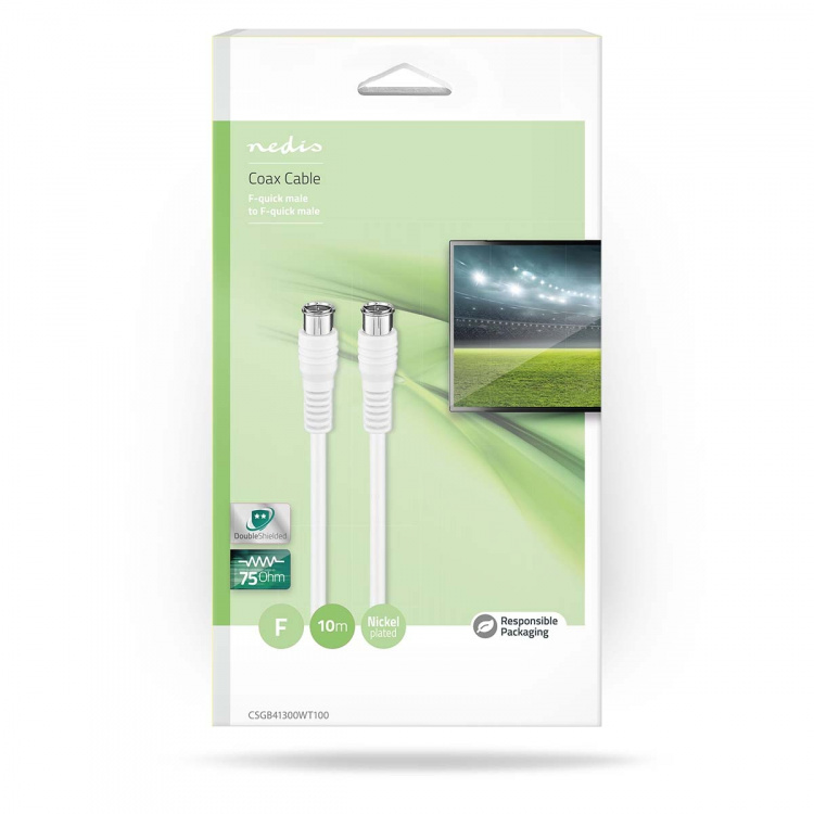 Nedis Satellite & Antenna Cable | F Male Quick | F Male Quick | Nickel Plated | 75 Ohm | Double Shielded | 10.0 m | Round | PVC | White | Box Nedis Satellite & Antenna Cable | F Male Quick | F Male Quick | Nickel Plated | 75 Ohm | Double Shielded | 10.0 m | Round | PVC | White | Box
