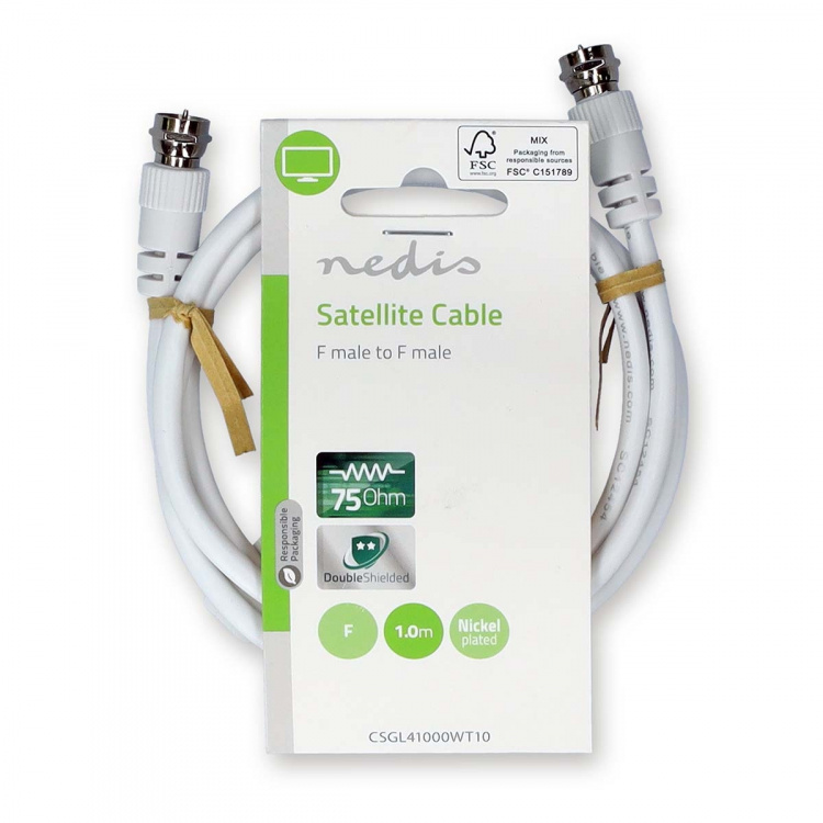 Nedis Satellite & Antenna Cable | F Male | F Male | Nickel Plated | 75 Ohm | Double Shielded | 1.00 m | Round | PVC | White | Label