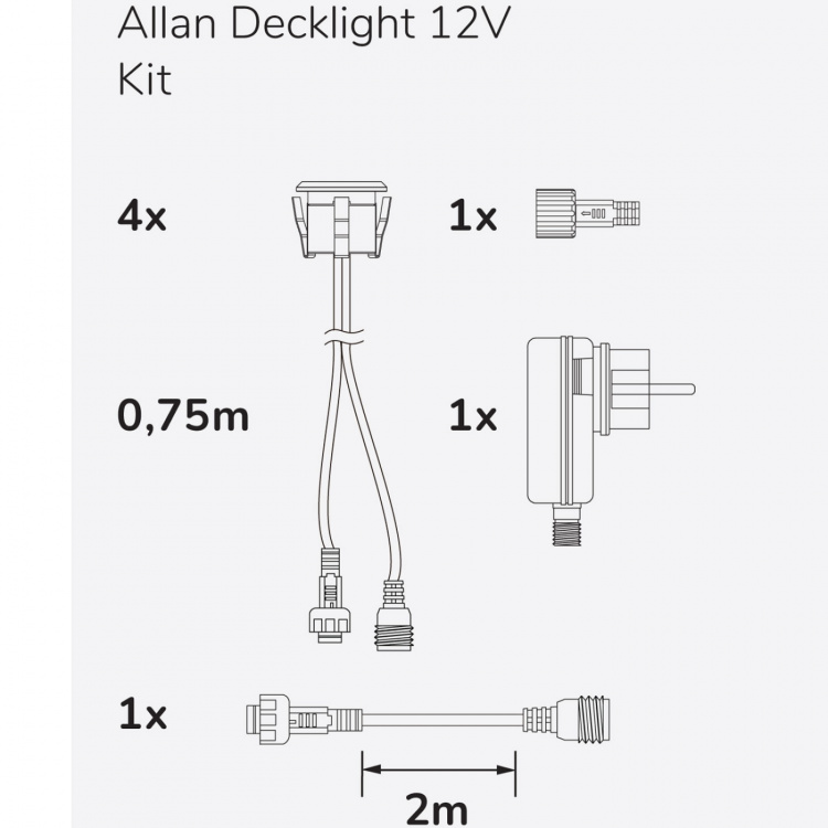Llitt Allan Decklight kit 4-pack inkl strömadapter 12V 3000K 10lm IP67