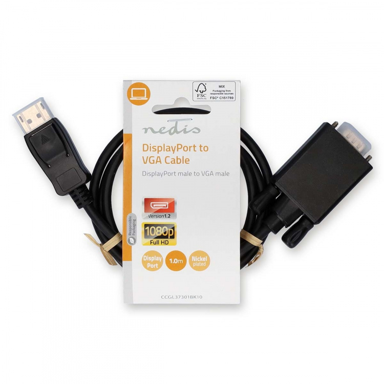 Nedis VGA Cable | DisplayPort Male | VGA Male | Nickel Plated | Maximum resolution: 1080p | 1.00 m | Round | PVC | Black | Label Nedis VGA Cable | DisplayPort Male | VGA Male | Nickel Plated | Maximum resolution: 1080p | 1.00 m | Round | PVC | Black | Label