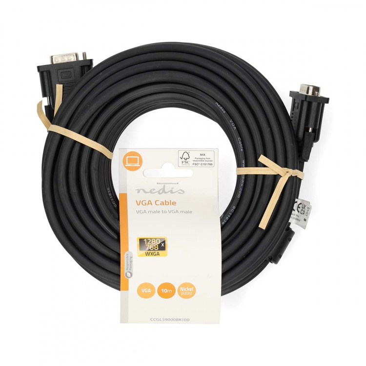Nedis VGA Cable | VGA Male | VGA Male | Nickel Plated | Maximum resolution: 1280x768 | 10.0 m | Round | ABS | Black | Label Nedis VGA Cable | VGA Male | VGA Male | Nickel Plated | Maximum resolution: 1280x768 | 10.0 m | Round | ABS | Black | Label