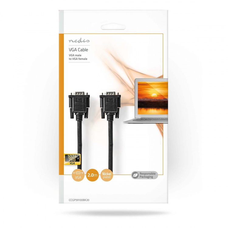Nedis VGA Cable | VGA Male | VGA Female | Nickel Plated | Maximum resolution: 1280x800 | 2.00 m | Round | ABS | Black | Envelope Nedis VGA Cable | VGA Male | VGA Female | Nickel Plated | Maximum resolution: 1280x800 | 2.00 m | Round | ABS | Black | Envelope