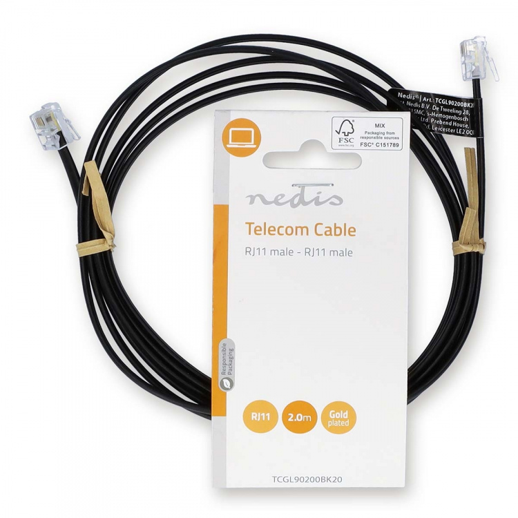 Nedis Telecom Cable | RJ11 Male | RJ11 Male | 2.00 m | Cable design: Flat | Gold Plated | Cable type: RJ11 | Black | Label