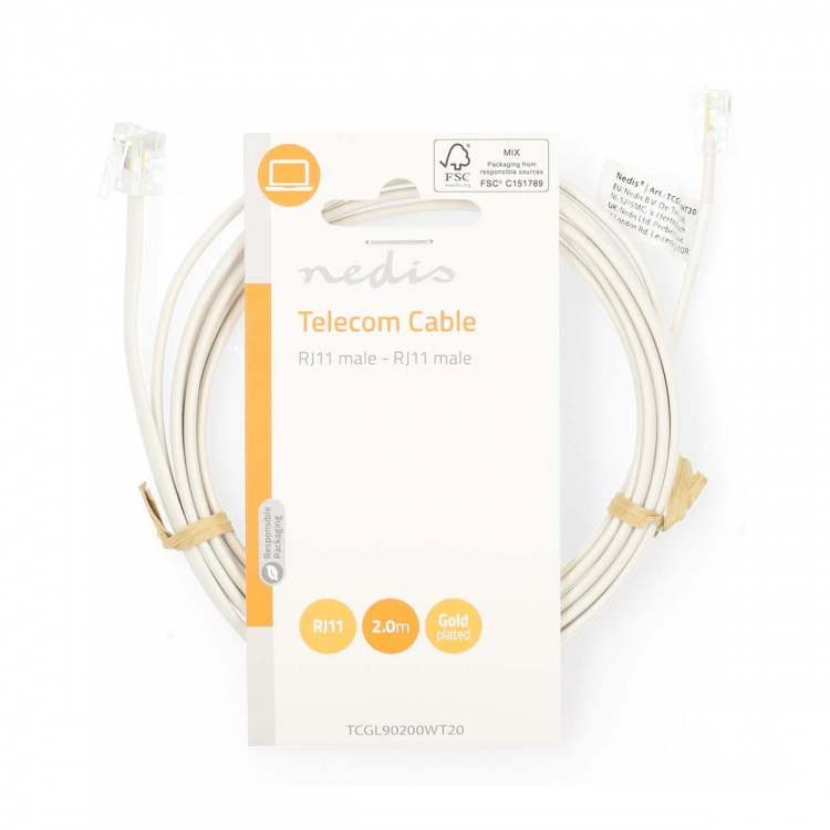 Nedis Telecom Cable | RJ11 Male | RJ11 Male | 2.00 m | Cable design: Flat | Gold Plated | Cable type: RJ11 | White | Label
