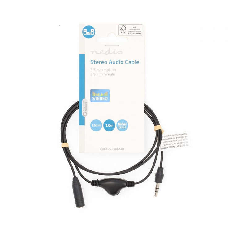 Nedis Stereo Audio Cable | 3.5 mm Male | 3.5 mm Female | Nickel Plated | 1.00 m | Round | Black | Label Nedis Stereo Audio Cable | 3.5 mm Male | 3.5 mm Female | Nickel Plated | 1.00 m | Round | Black | Label