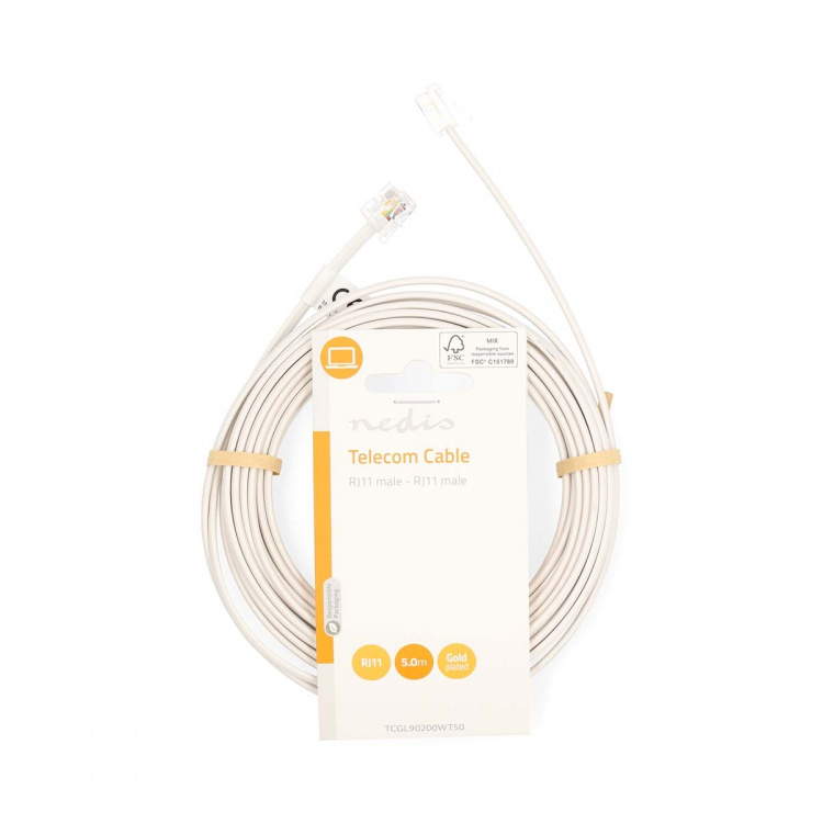 Nedis Telecom Cable | RJ11 Male | RJ11 Male | 5.00 m | Cable design: Flat | Nickel Plated | Cable type: RJ11 | White | Label Nedis Telecom Cable | RJ11 Male | RJ11 Male | 5.00 m | Cable design: Flat | Nickel Plated | Cable type: RJ11 | White | Label