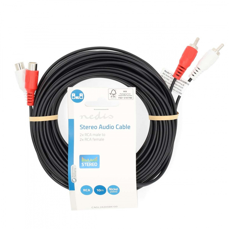 Nedis Stereo Audio Cable | 2x RCA Male | 2x RCA Female | Nickel Plated | 10.0 m | Round | Black | Label Nedis Stereo Audio Cable | 2x RCA Male | 2x RCA Female | Nickel Plated | 10.0 m | Round | Black | Label