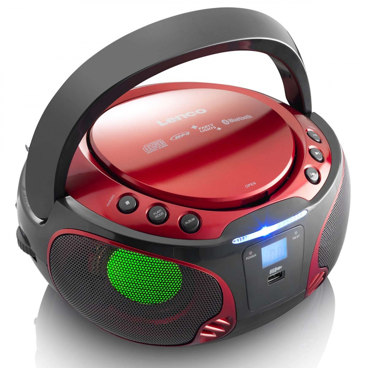 Lenco Portable FM Radio CD/MP3/USB/Bluetooth® player with LED lighting Red Lenco Portable FM Radio CD/MP3/USB/Bluetooth® player with LED lighting Red