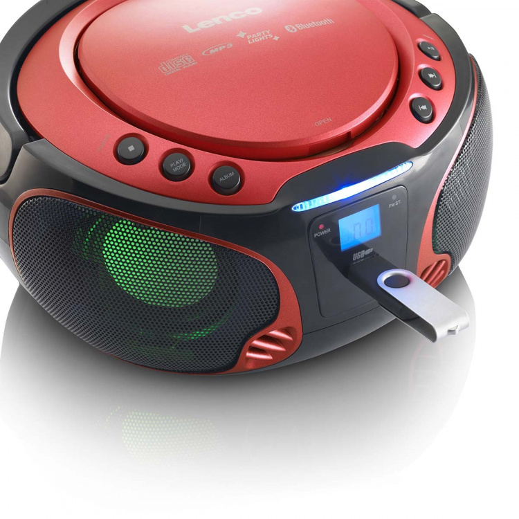 Lenco Portable FM Radio CD/MP3/USB/Bluetooth® player with LED lighting Red Lenco Portable FM Radio CD/MP3/USB/Bluetooth® player with LED lighting Red