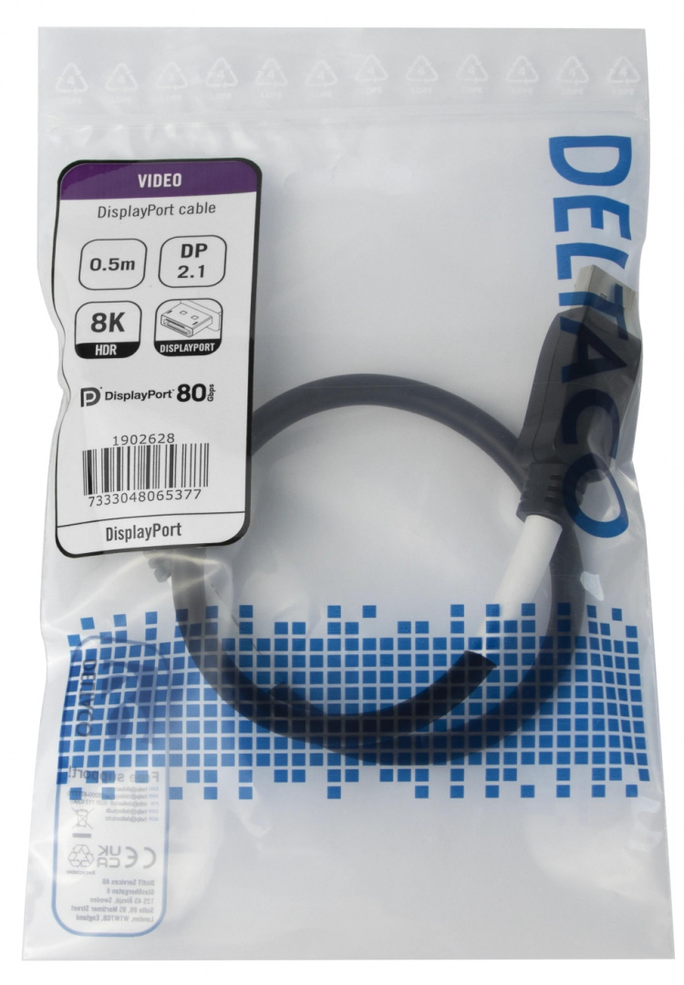 DELTACO DisplayPort cable, DP 2.1, DP80, 0,5m