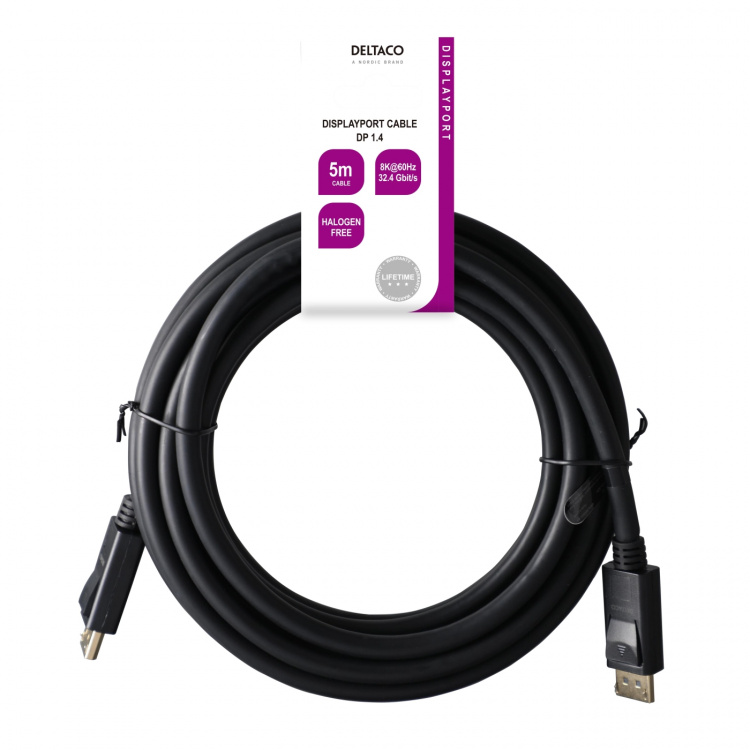 DELTACO DisplayPort cable, DP 1.4, 8K@30Hz, 5m, black