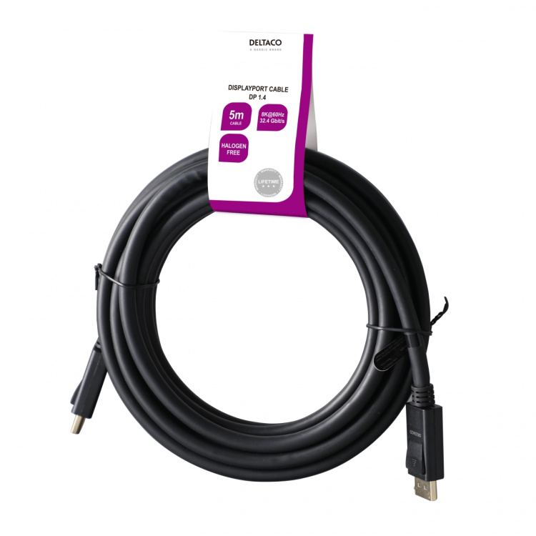 DELTACO DisplayPort cable, DP 1.4, 8K@30Hz, 5m, black