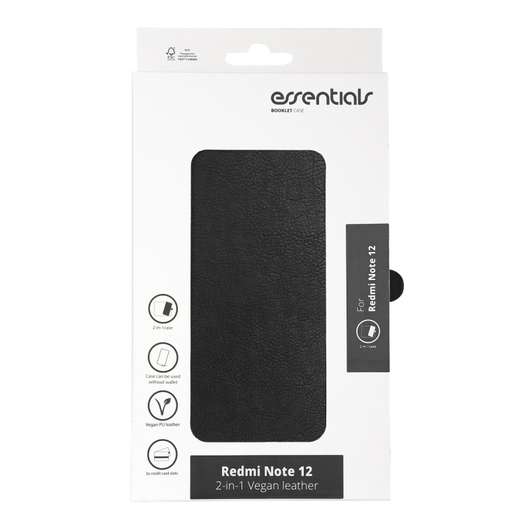 Essentials Redmi Note 12 PU wallet, detachable, black