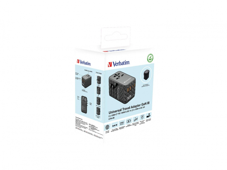 Verbatim UTA-06 GaN III Universal Travel Adapter with 2 x USB-C PD