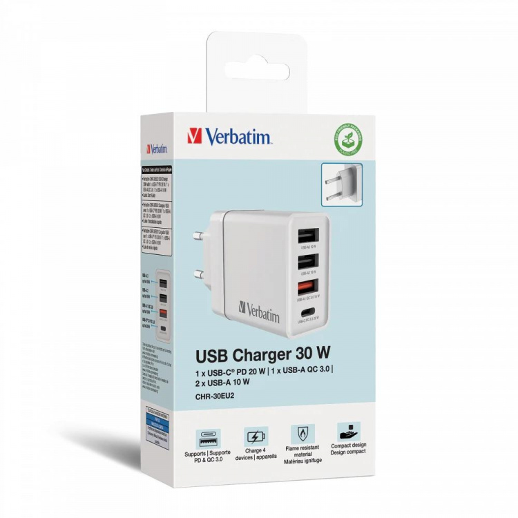 Verbatim CHR-30EU2 USB Charger 30W with 1 x USB-C® PD 20W