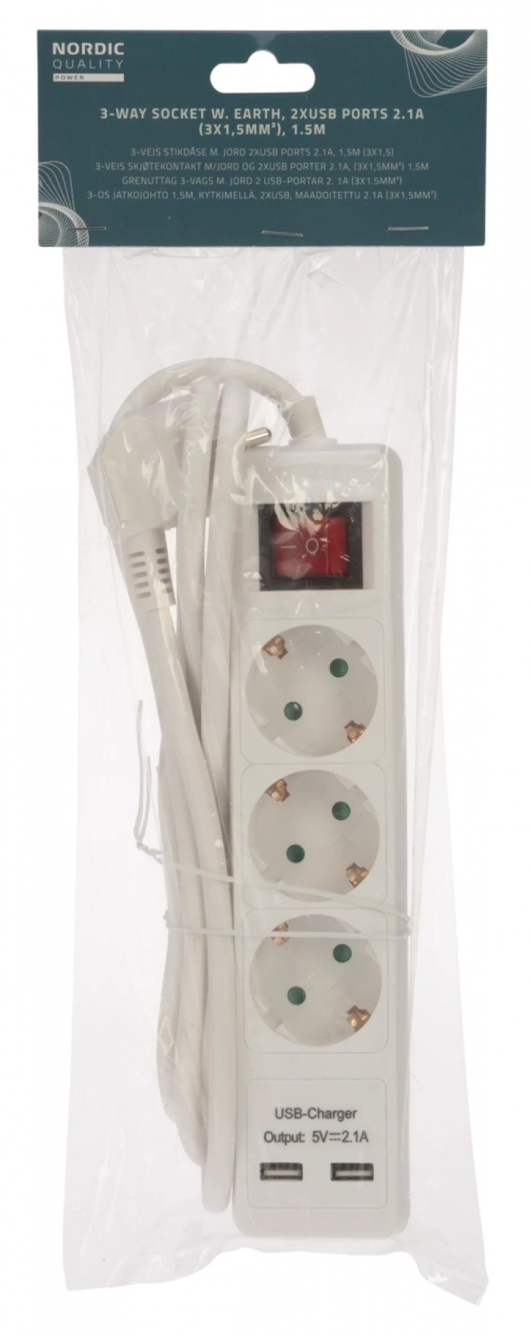 Nordic Quality 3-way connector grounded, 2xUSB-A (3x1.5mm²), 1.5m