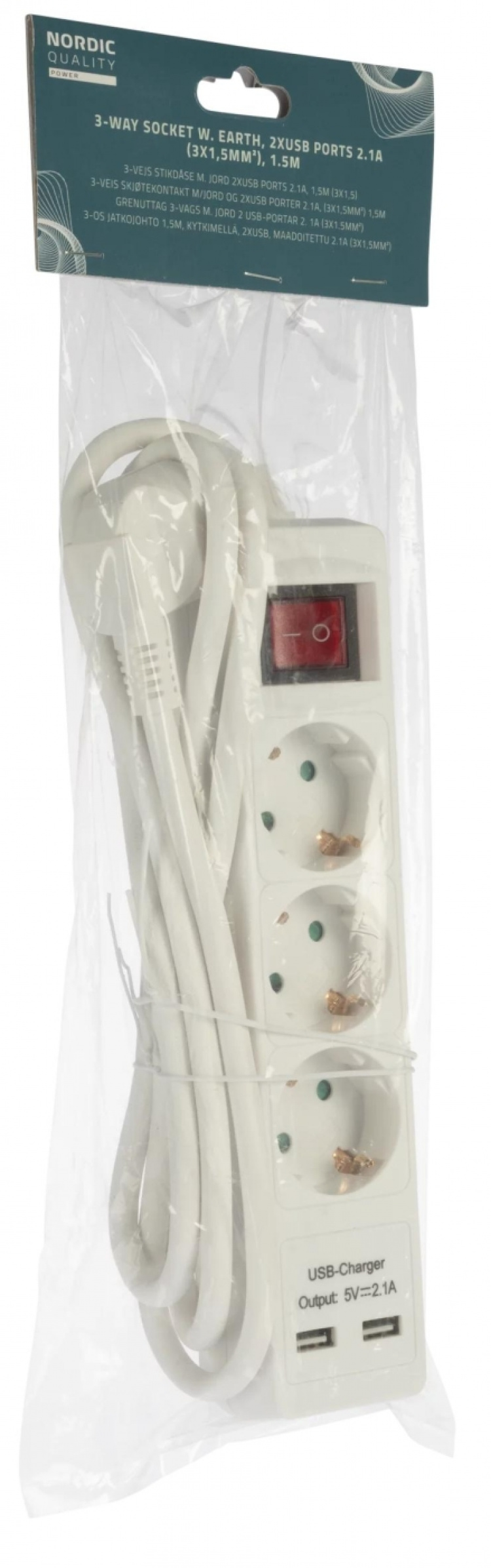 Nordic Quality 3-way connector grounded, 2xUSB-A (3x1.5mm²), 1.5m