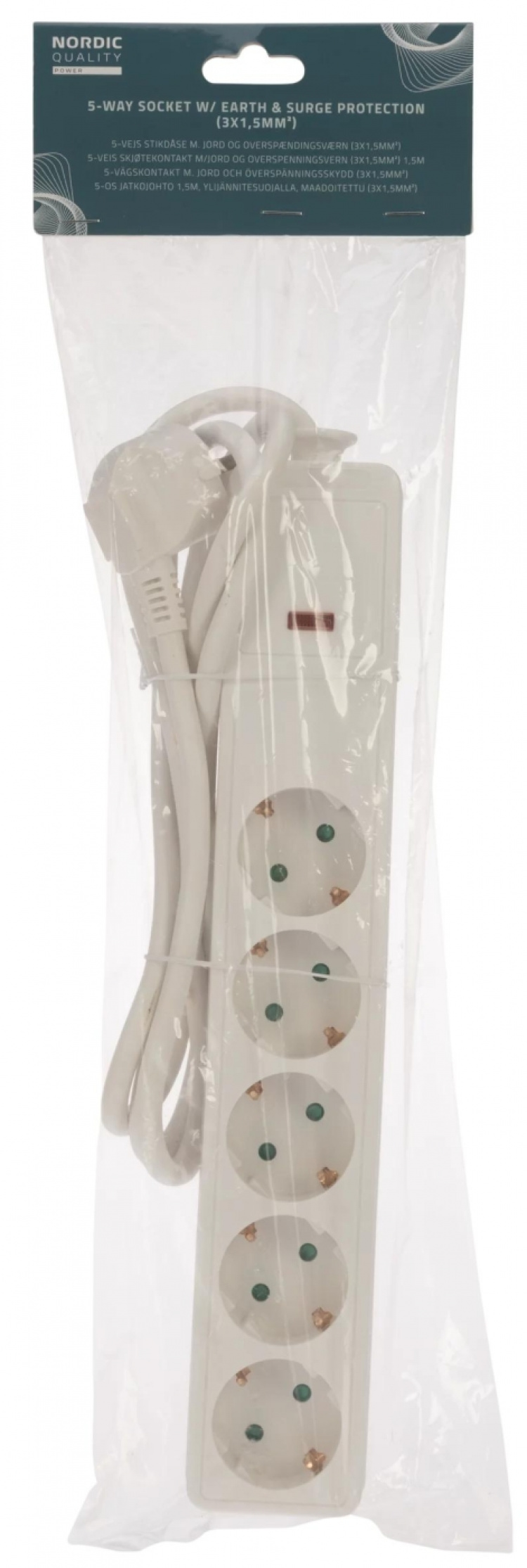 Nordic Quality 5-way plug, surge protection (2x1.5mm²), 1.5m