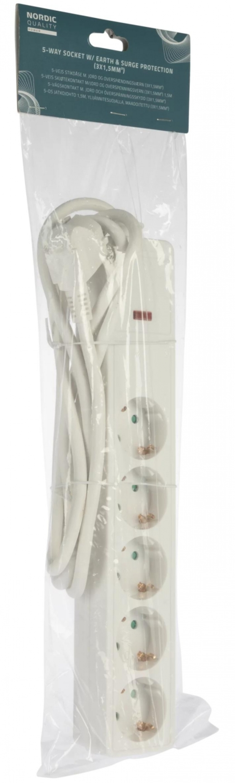 Nordic Quality 5-way plug, surge protection (2x1.5mm²), 1.5m