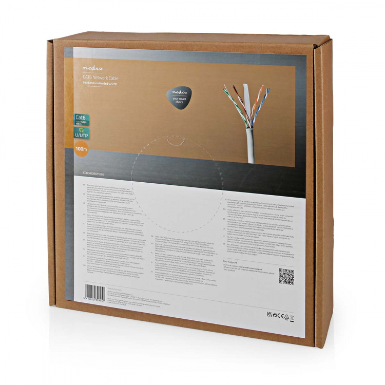 Nedis Network Cable Roll | CAT6 | Solid | U/UTP | CCA | 100.0 m | Indoor | Round | PVC | Grey | Pull Box