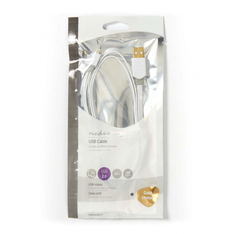 Nedis USB Cable | USB 2.0 | USB-A Male | USB Micro-B Male | 480 Mbps | Gold Plated | 1.00 m | Flat | PVC | White | Polybag