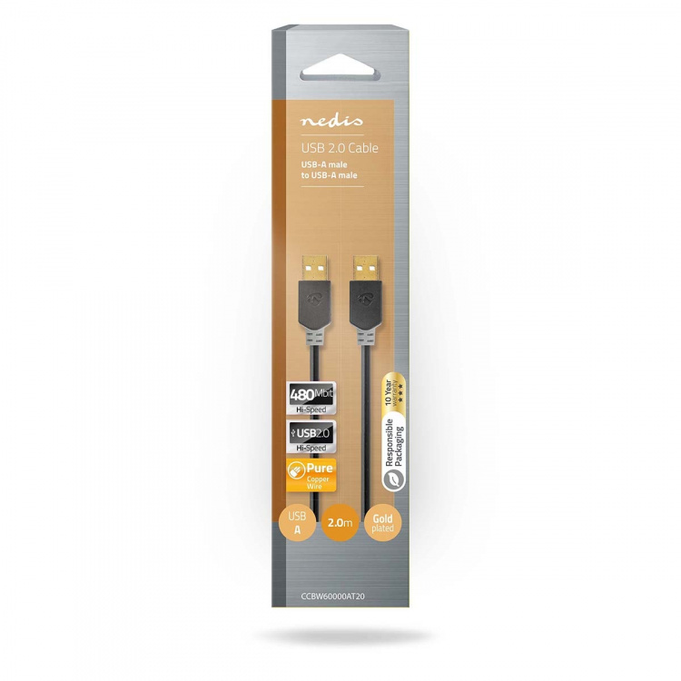 Nedis USB Cable | USB 2.0 | USB-A Male | USB-A Male | 480 Mbps | Gold Plated | 2.00 m | Round | PVC | Anthracite | Box Nedis USB Cable | USB 2.0 | USB-A Male | USB-A Male | 480 Mbps | Gold Plated | 2.00 m | Round | PVC | Anthracite | Box