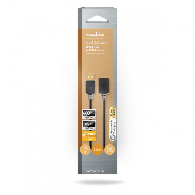 Nedis USB Cable | USB 2.0 | USB-A Male | USB-A Female | 480 Mbps | Gold Plated | 2.00 m | Round | PVC | Anthracite | Box Nedis USB Cable | USB 2.0 | USB-A Male | USB-A Female | 480 Mbps | Gold Plated | 2.00 m | Round | PVC | Anthracite | Box