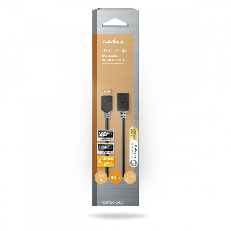 Nedis USB Cable | USB 2.0 | USB-A Male | USB-A Female | 480 Mbps | Gold Plated | 3.00 m | Round | PVC | Anthracite | Box Nedis USB Cable | USB 2.0 | USB-A Male | USB-A Female | 480 Mbps | Gold Plated | 3.00 m | Round | PVC | Anthracite | Box