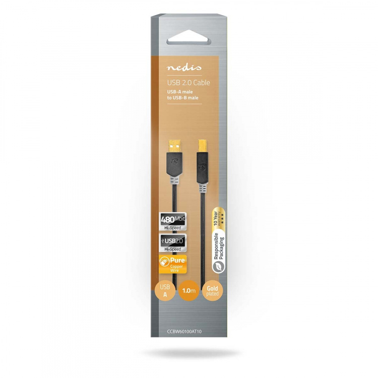 Nedis USB Cable | USB 2.0 | USB-A Male | USB-B Male | 480 Mbps | Gold Plated | 1.00 m | Round | PVC | Anthracite | Box Nedis USB Cable | USB 2.0 | USB-A Male | USB-B Male | 480 Mbps | Gold Plated | 1.00 m | Round | PVC | Anthracite | Box