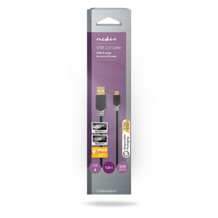 Nedis USB Cable | USB 2.0 | USB-A Male | USB Micro-B Male | 480 Mbps | Gold Plated | 1.00 m | Round | PVC | Anthracite | Box Nedis USB Cable | USB 2.0 | USB-A Male | USB Micro-B Male | 480 Mbps | Gold Plated | 1.00 m | Round | PVC | Anthracite | Box