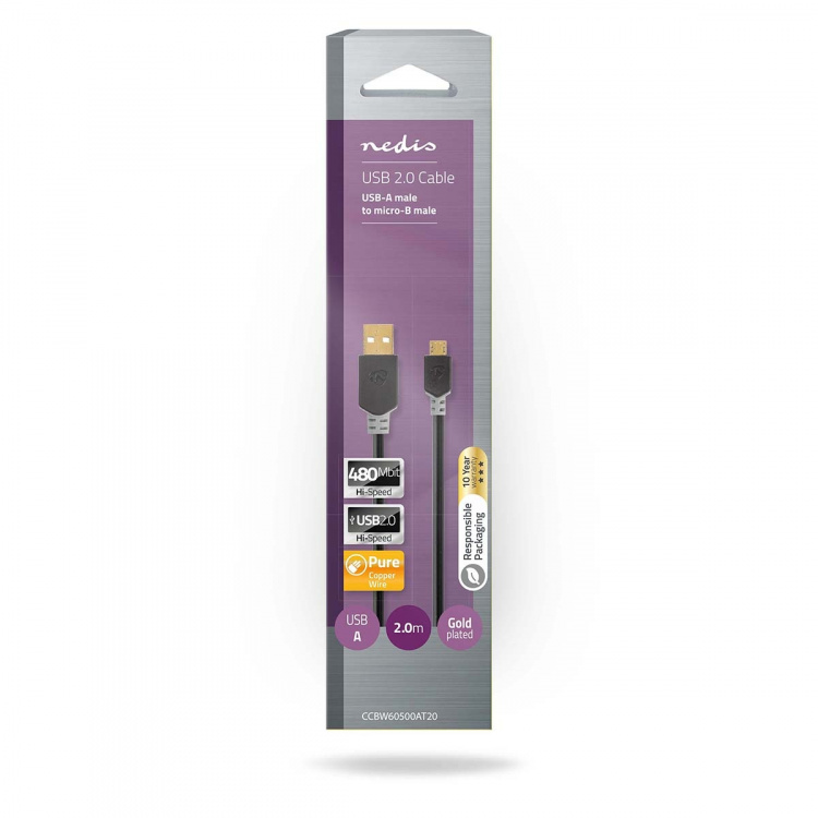 Nedis USB Cable | USB 2.0 | USB-A Male | USB Micro-B Male | 480 Mbps | Gold Plated | 2.00 m | Round | PVC | Anthracite | Box