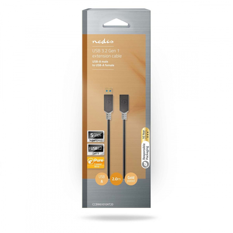 Nedis USB Cable | USB 3.2 Gen 1 | USB-A Male | USB-A Female | 5 Gbps | Gold Plated | 2.00 m | Round | PVC | Anthracite | Box Nedis USB Cable | USB 3.2 Gen 1 | USB-A Male | USB-A Female | 5 Gbps | Gold Plated | 2.00 m | Round | PVC | Anthracite | Box