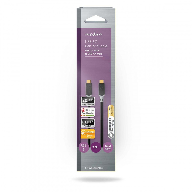 Nedis USB Cable | USB 3.2 Gen 2x2 | USB-C™ Male | USB-C™ Male | 100 W | 4K@60Hz | 20 Gbps | Gold Plated | 2.00 m | Round | PVC | Silver | Box