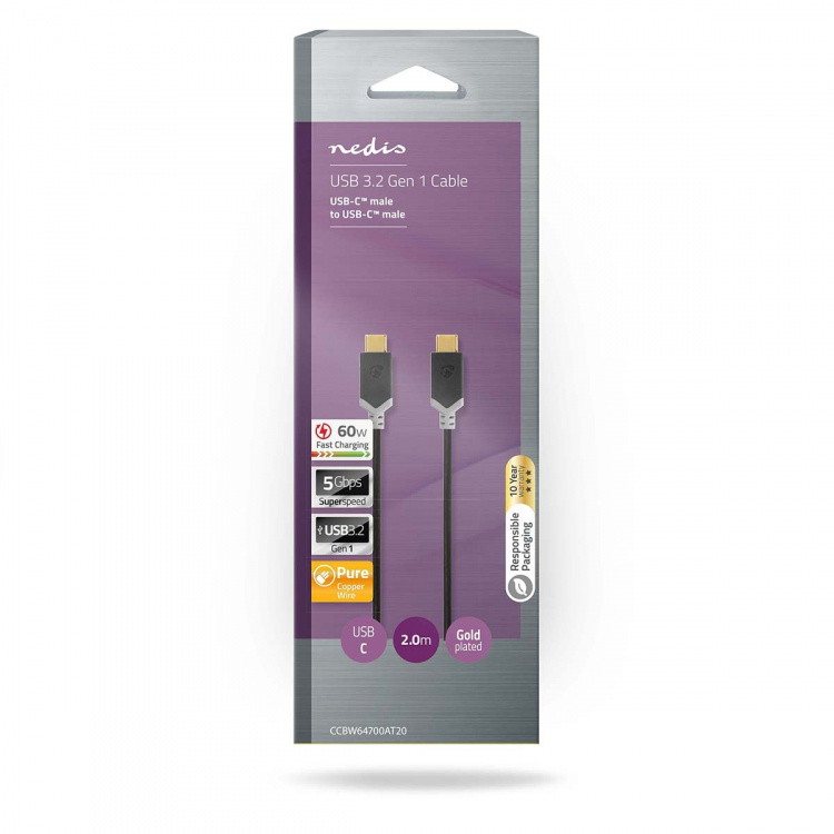 Nedis USB Cable | USB 3.2 Gen 1 | USB-C™ Male | USB-C™ Male | 60 W | 4K@60Hz | 5 Gbps | Gold Plated | 2.00 m | Round | PVC | Black | Box