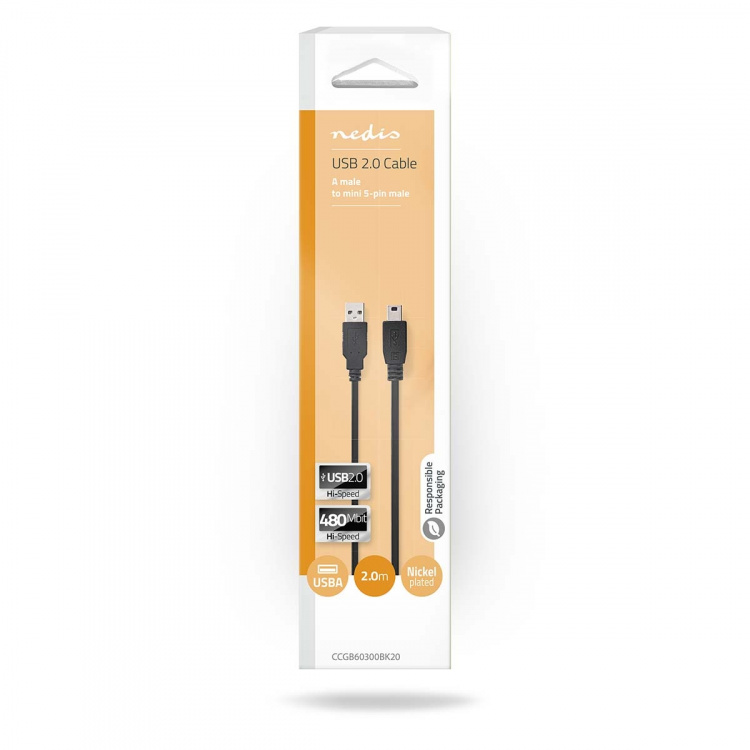 Nedis USB Cable | USB 2.0 | USB-A Male | USB Mini-B 5 pin Male | 480 Mbps | Nickel Plated | 2.00 m | Round | PVC | Black | Box