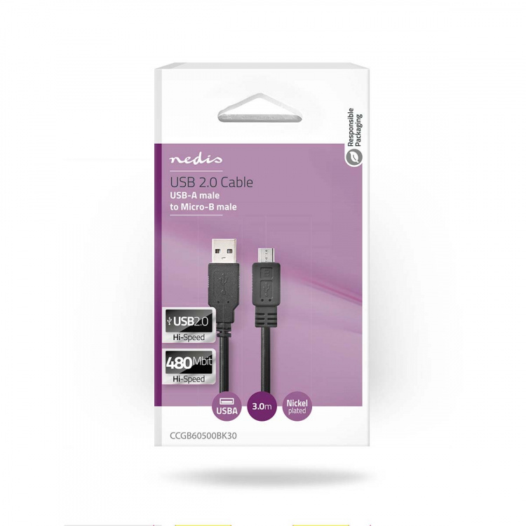 Nedis USB Cable | USB 2.0 | USB-A Male | USB Micro-B Male | 480 Mbps | Nickel Plated | 3.00 m | Round | PVC | Black | Box Nedis USB Cable | USB 2.0 | USB-A Male | USB Micro-B Male | 480 Mbps | Nickel Plated | 3.00 m | Round | PVC | Black | Box