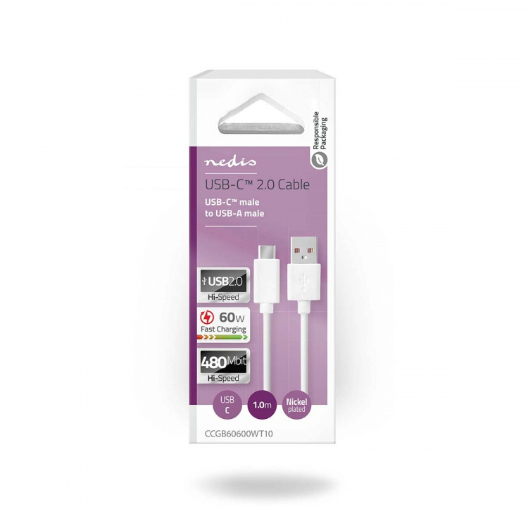 Nedis USB Cable | USB 2.0 | USB-A Male | USB-C™ Male | 60 W | 480 Mbps | Nickel Plated | 1.00 m | Round | PVC | White | Box