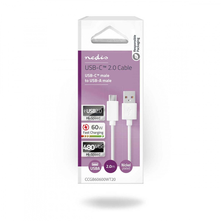 Nedis USB Cable | USB 2.0 | USB-A Male | USB-C™ Male | 60 W | 480 Mbps | Nickel Plated | 2.00 m | Round | PVC | White | Box Nedis USB Cable | USB 2.0 | USB-A Male | USB-C™ Male | 60 W | 480 Mbps | Nickel Plated | 2.00 m | Round | PVC | White | Box