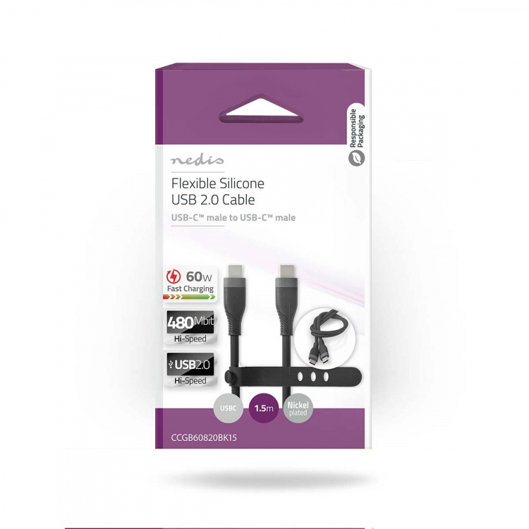 Nedis USB Cable | USB 2.0 | USB-C™ Male | USB-C™ Male | 60 W | 480 Mbps | Nickel Plated | 1.50 m | Round | Silicone | Black | Box