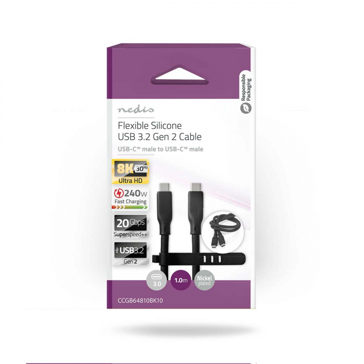 Nedis USB Cable | USB 3.2 Gen 2 | USB-C™ Male | USB-C™ Male | 240 W | 8K@30Hz | 20 Gbps | Nickel Plated | 1.00 m | Round | Silicone | Black | Box Nedis USB Cable | USB 3.2 Gen 2 | USB-C™ Male | USB-C™ Male | 240 W | 8K@30Hz | 20 Gbps | Nickel Plated | 1.00 m | Round | Silicone | Black | Box