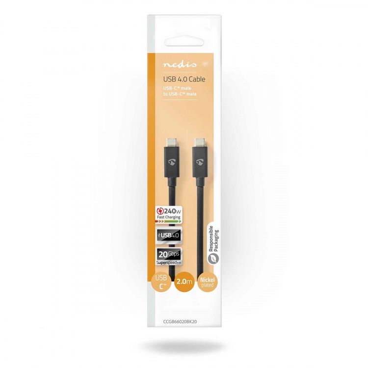 Nedis USB Cable | USB 4.0 Gen 2x2 | USB-C™ Male | USB-C™ Male | 240 W | 8K@60Hz | 20 Gbps | Nickel Plated | 2.00 m | Round | PVC | Black | Box Nedis USB Cable | USB 4.0 Gen 2x2 | USB-C™ Male | USB-C™ Male | 240 W | 8K@60Hz | 20 Gbps | Nickel Plated | 2.00 m | Round | PVC | Black | Box
