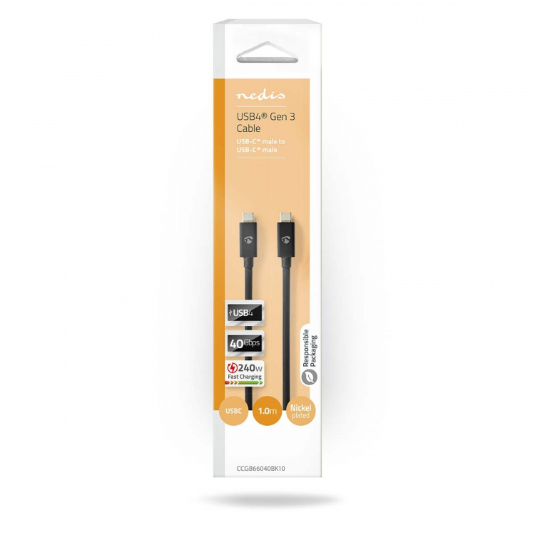 Nedis USB Cable | USB 4.0 Gen 3x2 | USB-C™ Male | USB-C™ Male | 240 W | 8K@60Hz | 40 Gbps | Nickel Plated | 1.00 m | Round | PVC | Black | Box Nedis USB Cable | USB 4.0 Gen 3x2 | USB-C™ Male | USB-C™ Male | 240 W | 8K@60Hz | 40 Gbps | Nickel Plated | 1.00 m | Round | PVC | Black | Box
