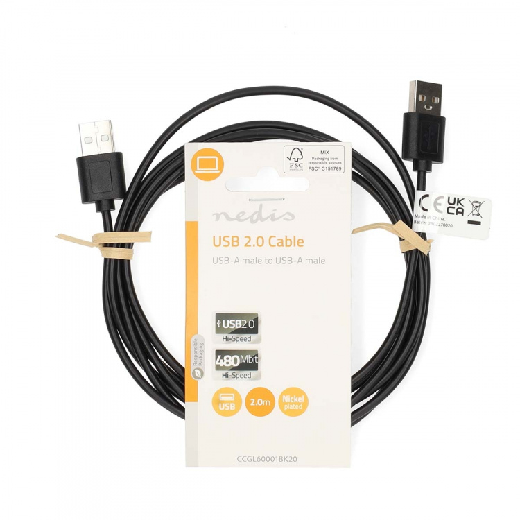 Nedis USB Cable | USB 2.0 | USB-A Male | USB-A Male | 480 Mbps | Nickel Plated | 2.00 m | Round | PVC | Black | Label